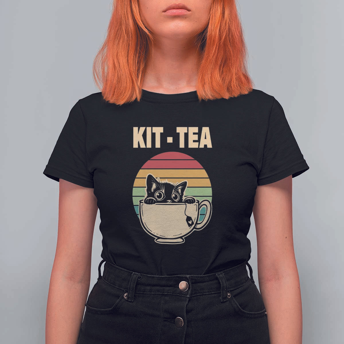 Funny Kitten T Shirt For Women Kit Tea Pun Cute Black Cat Retro Tea Cup - Wonder Print Shop