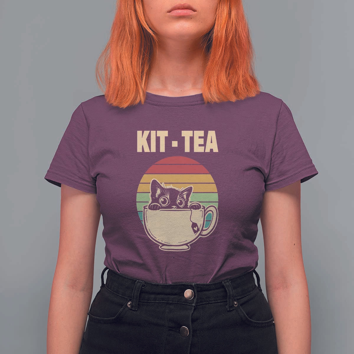 Funny Kitten T Shirt For Women Kit Tea Pun Cute Black Cat Retro Tea Cup - Wonder Print Shop