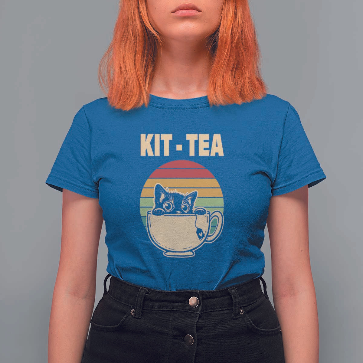 Funny Kitten T Shirt For Women Kit Tea Pun Cute Black Cat Retro Tea Cup - Wonder Print Shop