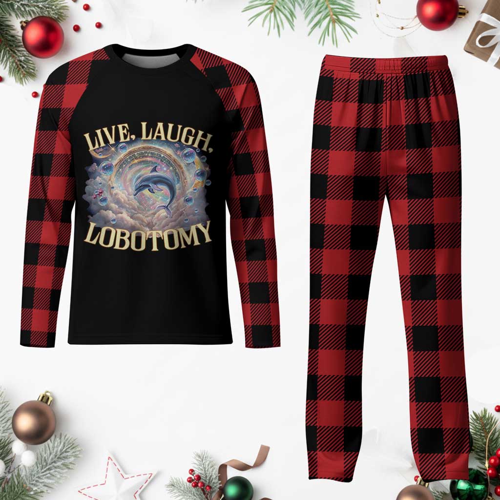 Funny Live Laugh Lobotomy Plaid Pajama Set Dolphin Meme Silly Unhinged Joke - Wonder Print Shop