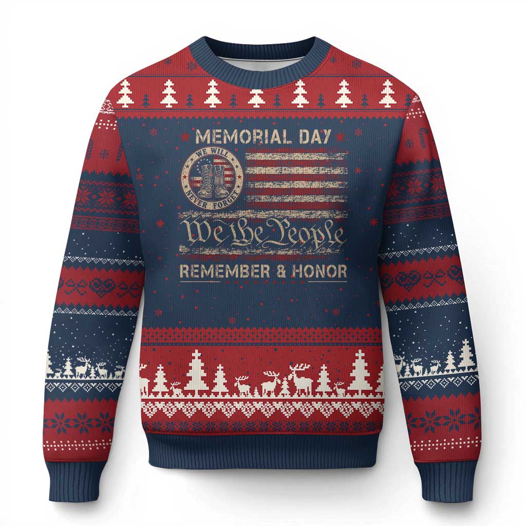Memorial Day Ugly Christmas Sweater Remember And Honor Red Poppy Flower Military Veteran