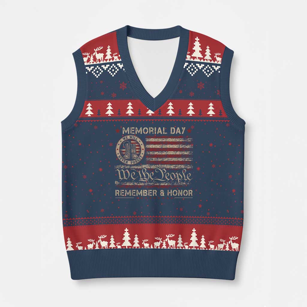 Memorial Day V-Neck Knit Sweater Vest Remember And Honor Red Poppy Flower Military Veteran