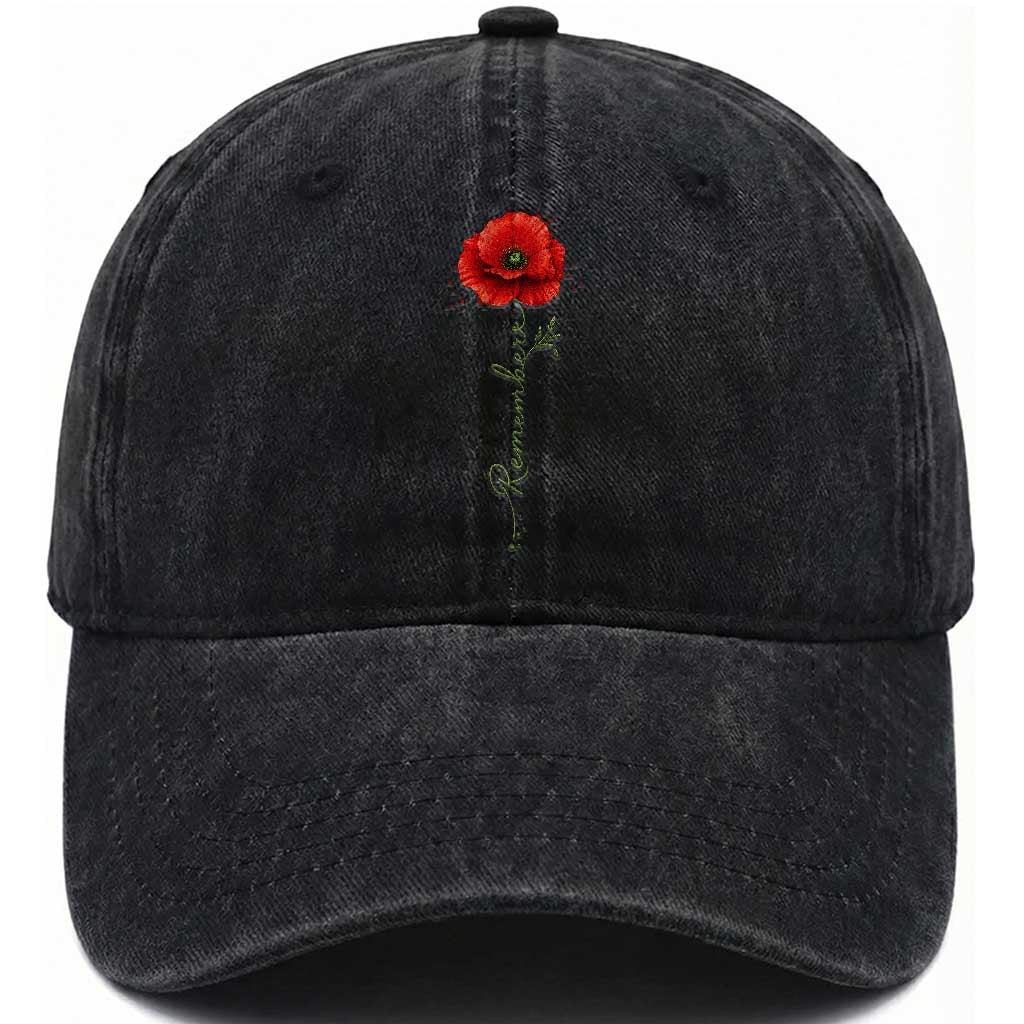 Remember Memorial day Red Poppy Veteran Military Army Washed Cotton Baseball Cap