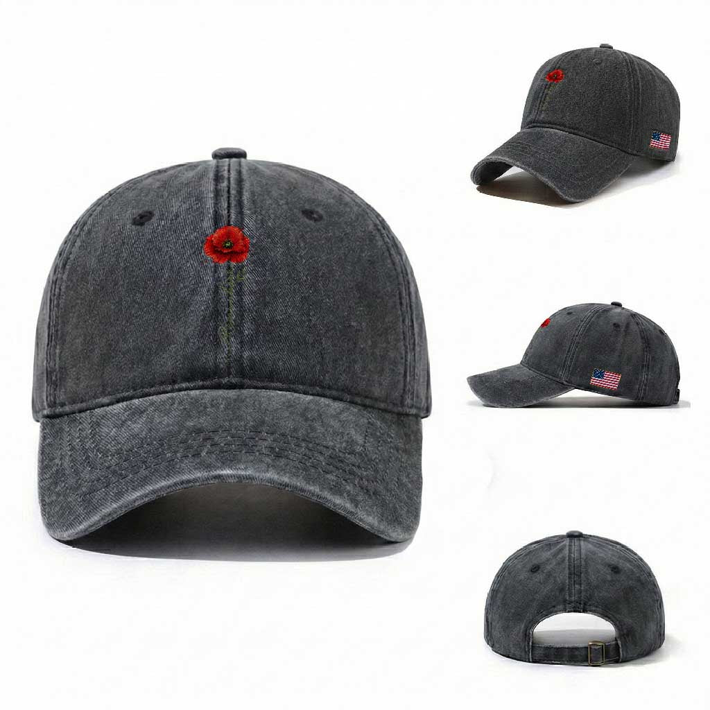 Remember Memorial day Red Poppy Veteran Military Army Washed Cotton Baseball Cap
