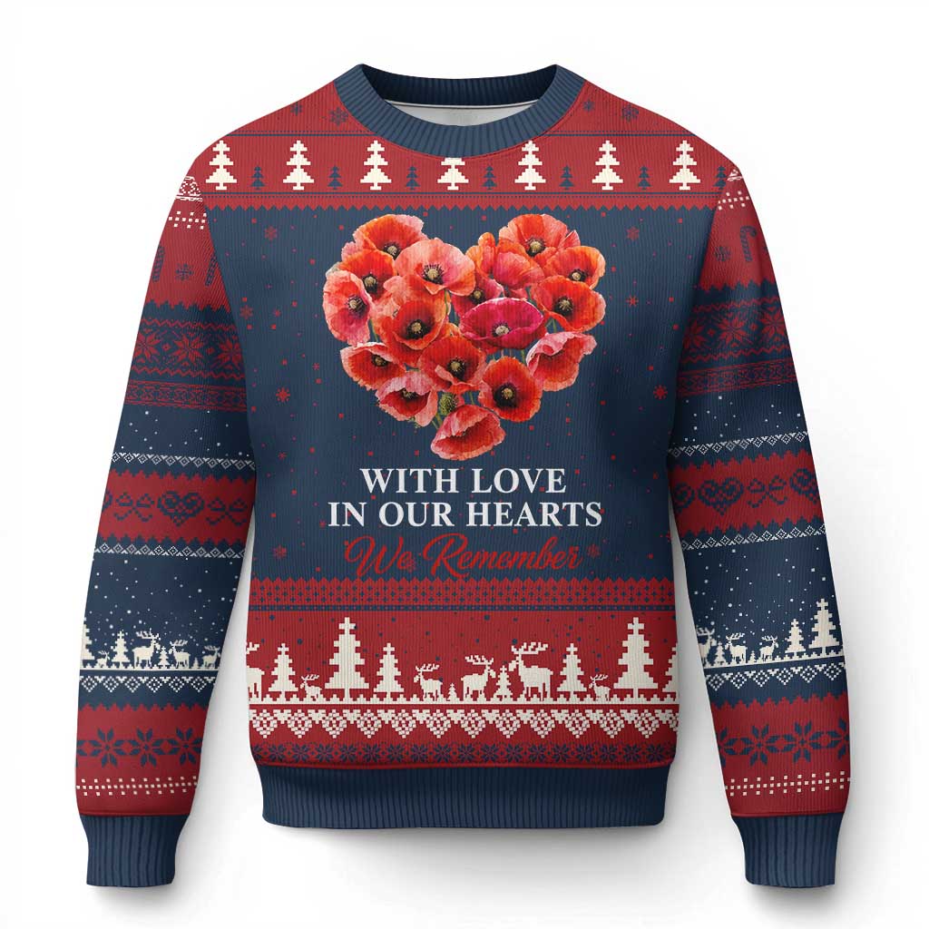Memorial Day Ugly Christmas Sweater With Love In Our Hearts We Remember Red Poppy Flower