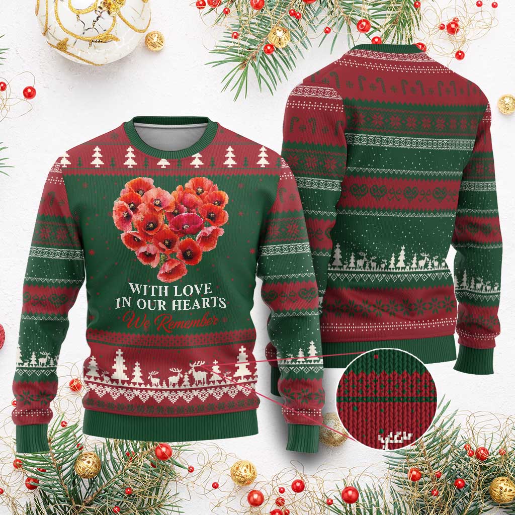 Memorial Day Ugly Christmas Sweater With Love In Our Hearts We Remember Red Poppy Flower