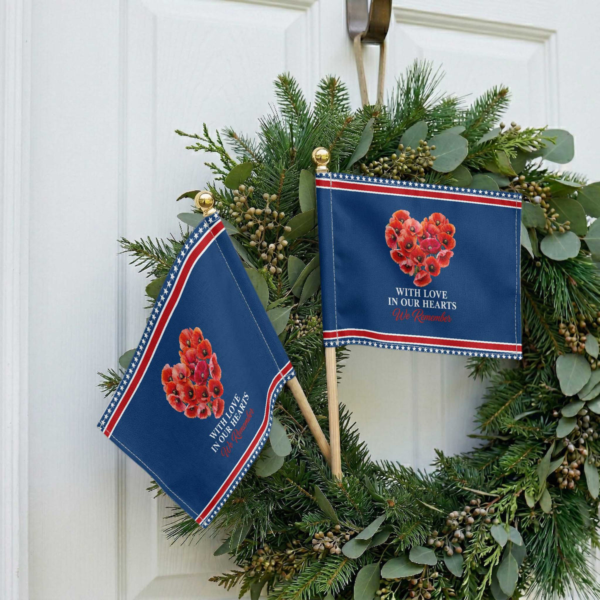 Memorial Day Patriotic Handheld Flag With Love In Our Hearts We Remember Red Poppy Flower