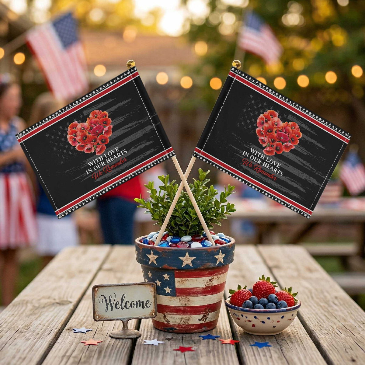 Memorial Day Patriotic Handheld Flag With Love In Our Hearts We Remember Red Poppy Flower