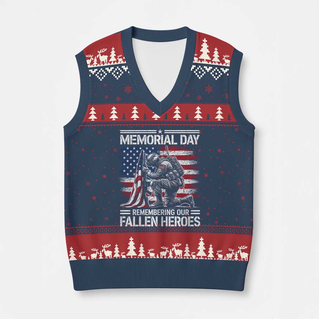 Memorial Day V-Neck Knit Sweater Vest Remembering Our Fallen Heroes Veteran Day American Flag