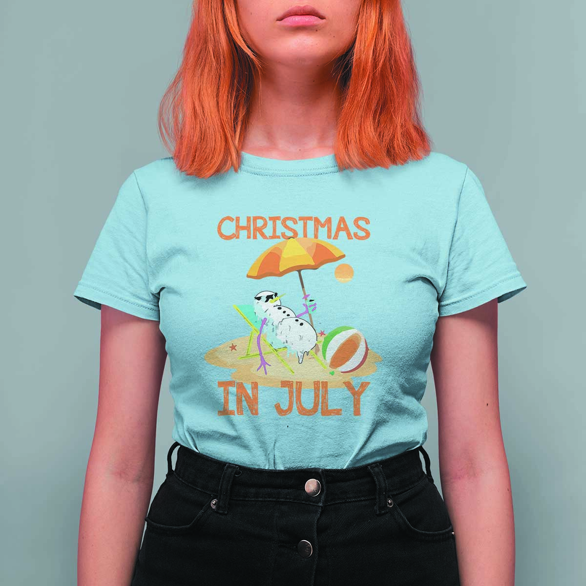 Funny Christmas In July T Shirt For Women Snowman Summer Vacation Cocktails Beach - Wonder Print Shop