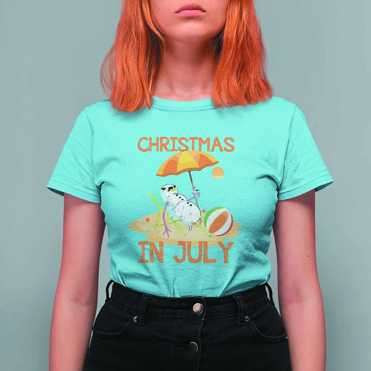 Funny Christmas In July T Shirt For Women Snowman Summer Vacation Cocktails Beach - Wonder Print Shop