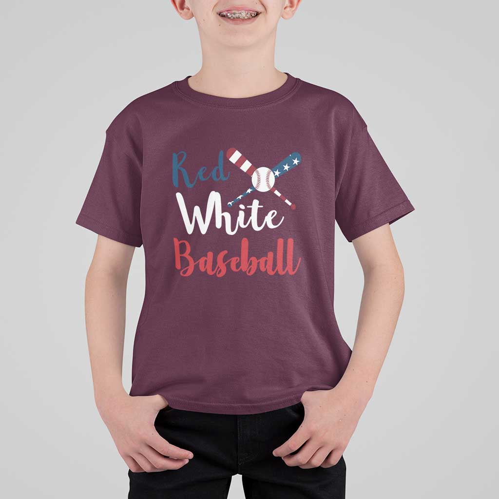 Funny Red White Baseball T Shirt For Kid 4th Of July Bat Ball American Flag - Wonder Print Shop