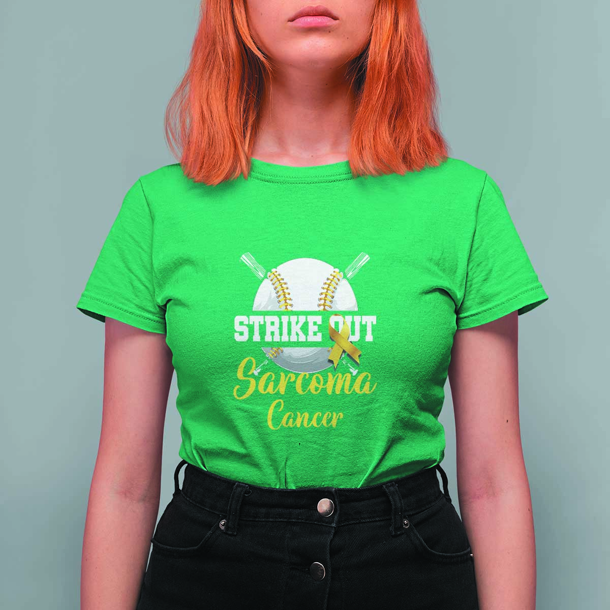 Strike Out Sarcoma Cancer T Shirt For Women Baseball Fight Awareness Yellow Ribbon - Wonder Print Shop
