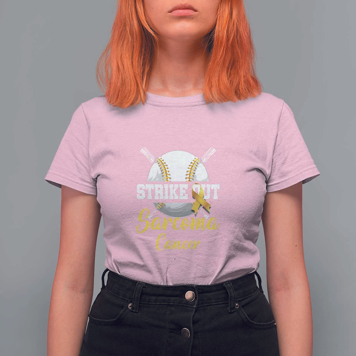 Strike Out Sarcoma Cancer T Shirt For Women Baseball Fight Awareness Yellow Ribbon - Wonder Print Shop