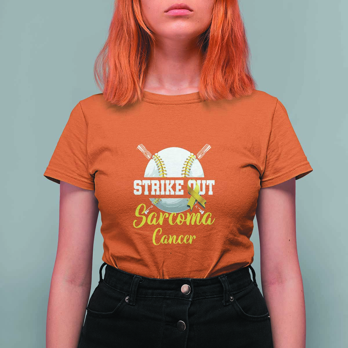 Strike Out Sarcoma Cancer T Shirt For Women Baseball Fight Awareness Yellow Ribbon - Wonder Print Shop