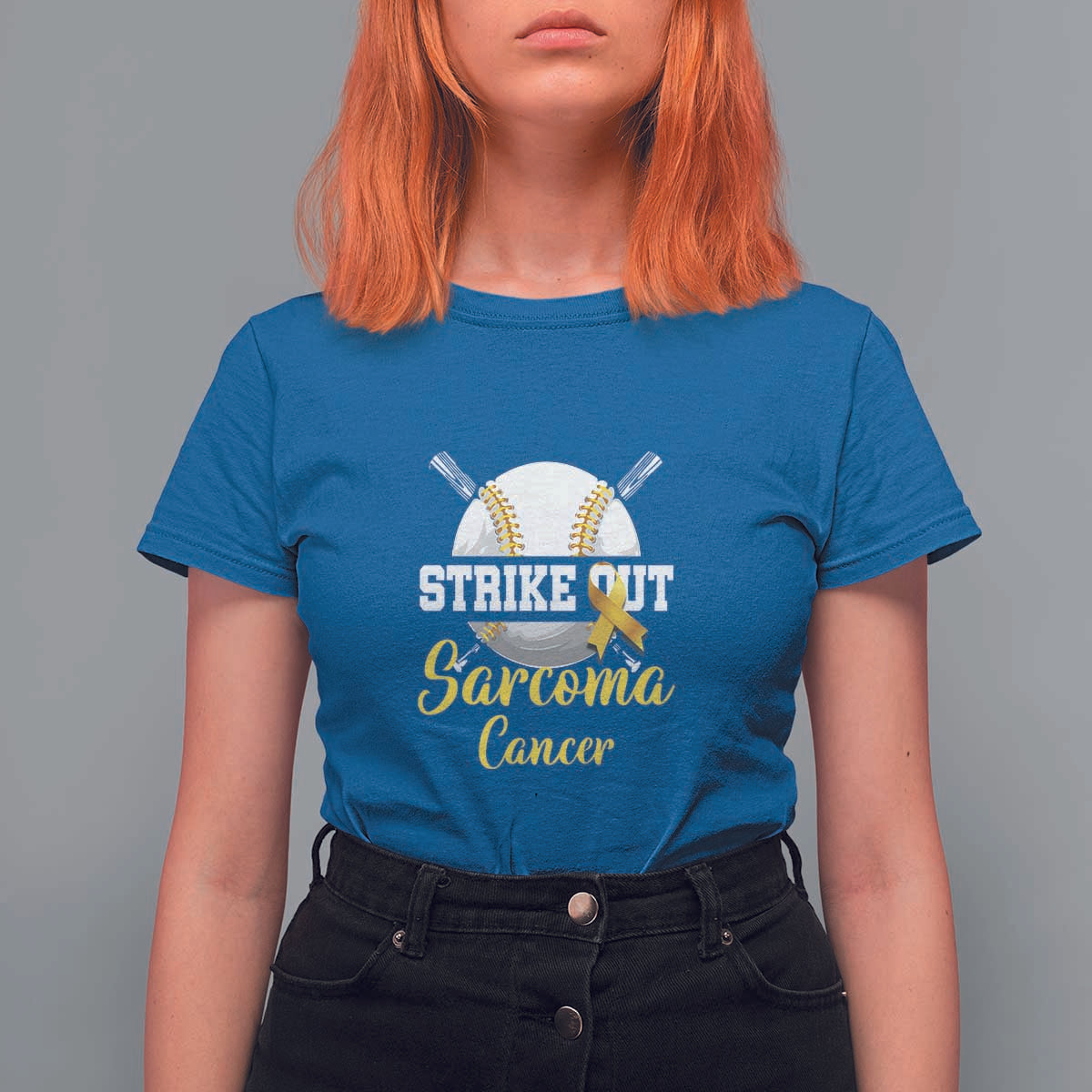 Strike Out Sarcoma Cancer T Shirt For Women Baseball Fight Awareness Yellow Ribbon - Wonder Print Shop