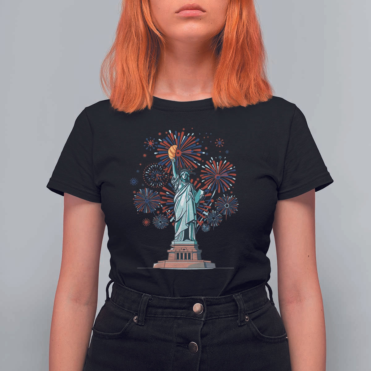 Funny America France Heritage Month T Shirt For Women Statue of Liberty With Croissant - Wonder Print Shop