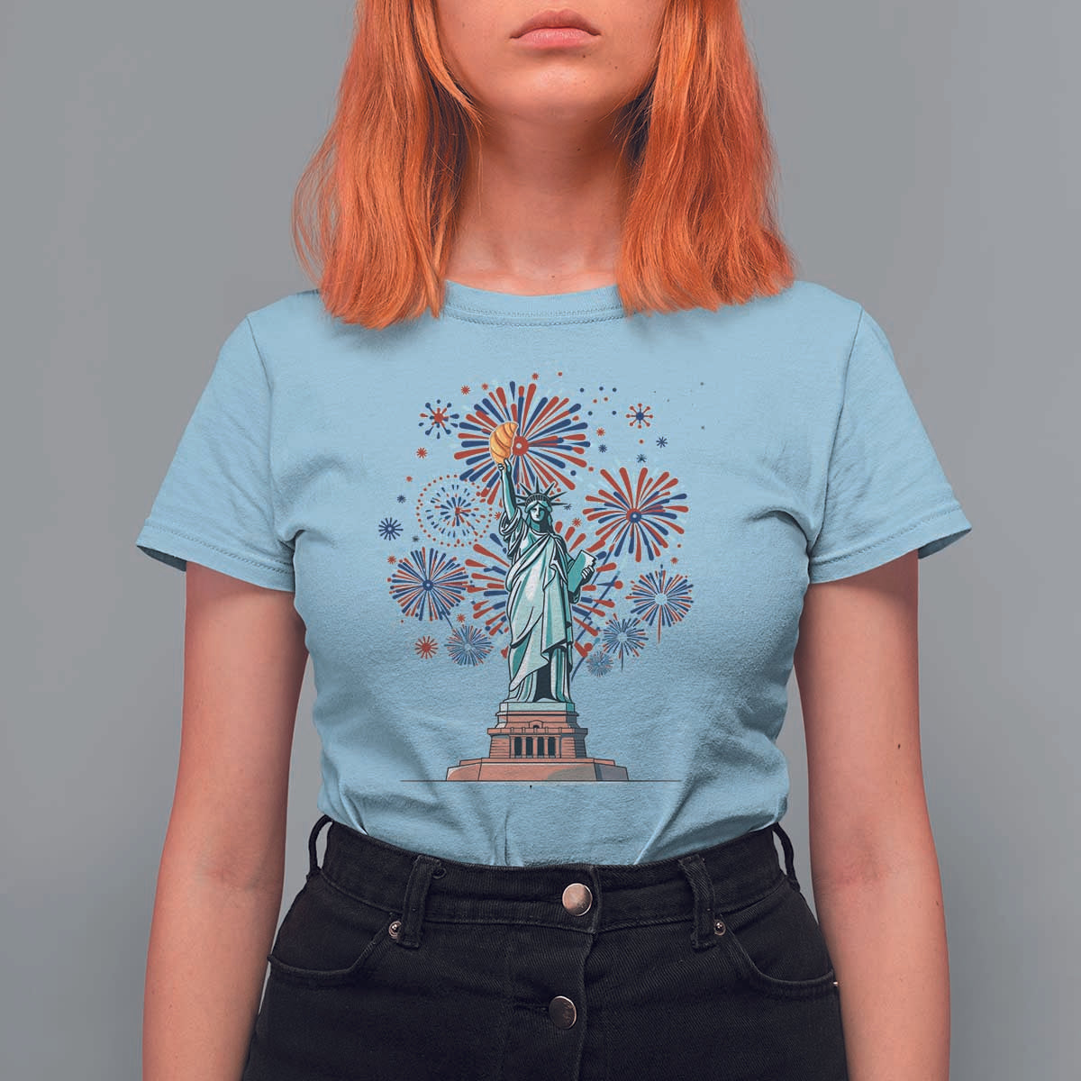 Funny America France Heritage Month T Shirt For Women Statue of Liberty With Croissant - Wonder Print Shop