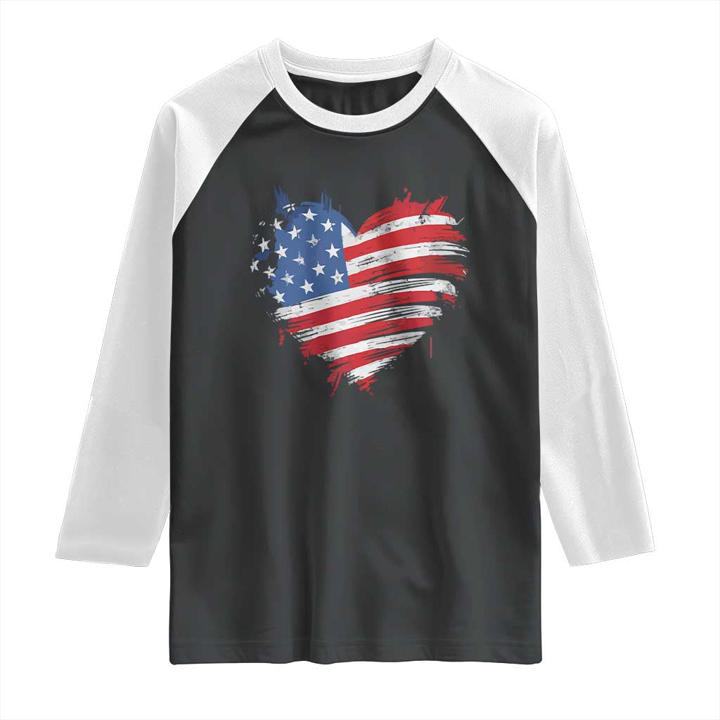 4th of July American Flag Heart USA Patriotic Raglan Shirt Star Stripes - Wonder Print Shop