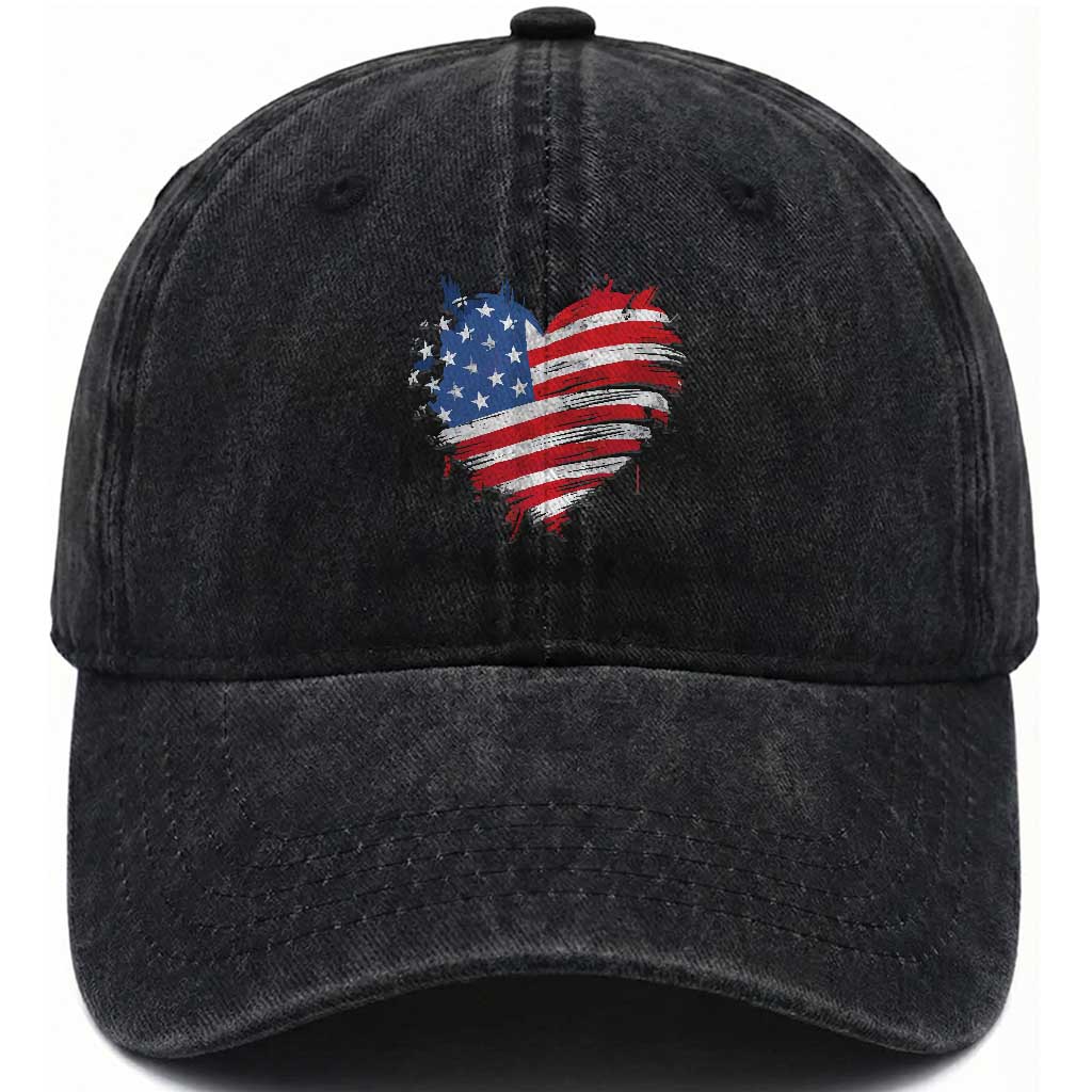 4th of July American Flag Heart USA Patriotic Washed Cotton Baseball Cap Star Stripes