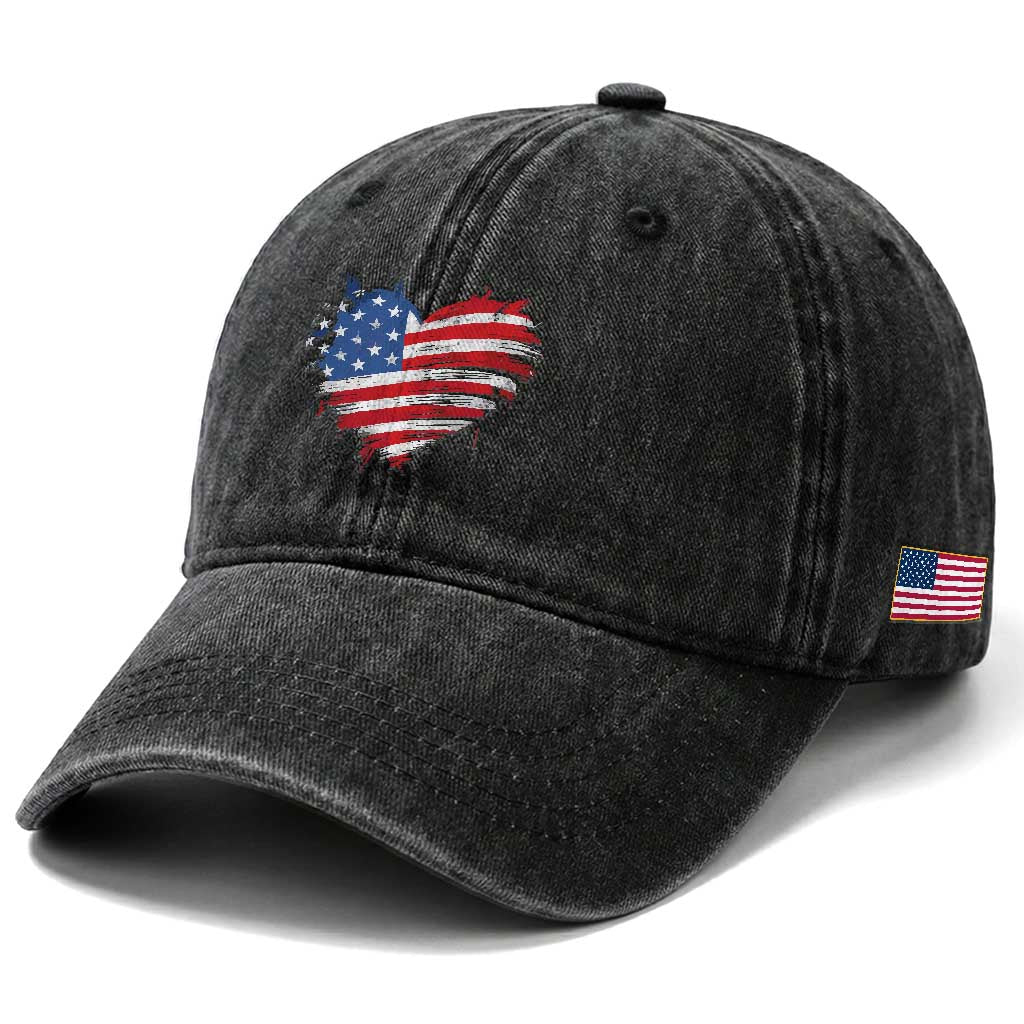 4th of July American Flag Heart USA Patriotic Washed Cotton Baseball Cap Star Stripes