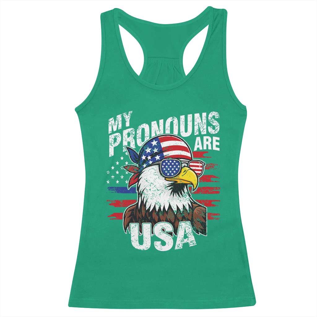 Funny My Pronouns Are USA 4th of July Racerback Tank Top Patriotic Eagle American Flag - Wonder Print Shop