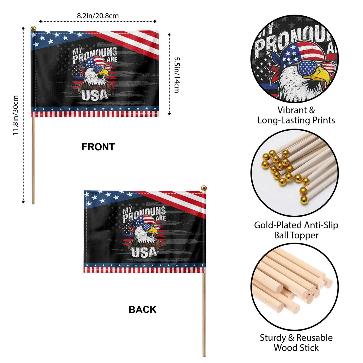 Funny My Pronouns Are USA 4th of July Patriotic Handheld Flag Eagle American Flag