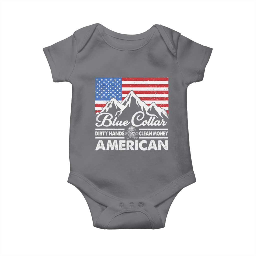 Blue Collar American Baby Onesie Dirty Hands Clean Money Vintage American Flag Mountain - Wonder Print Shop