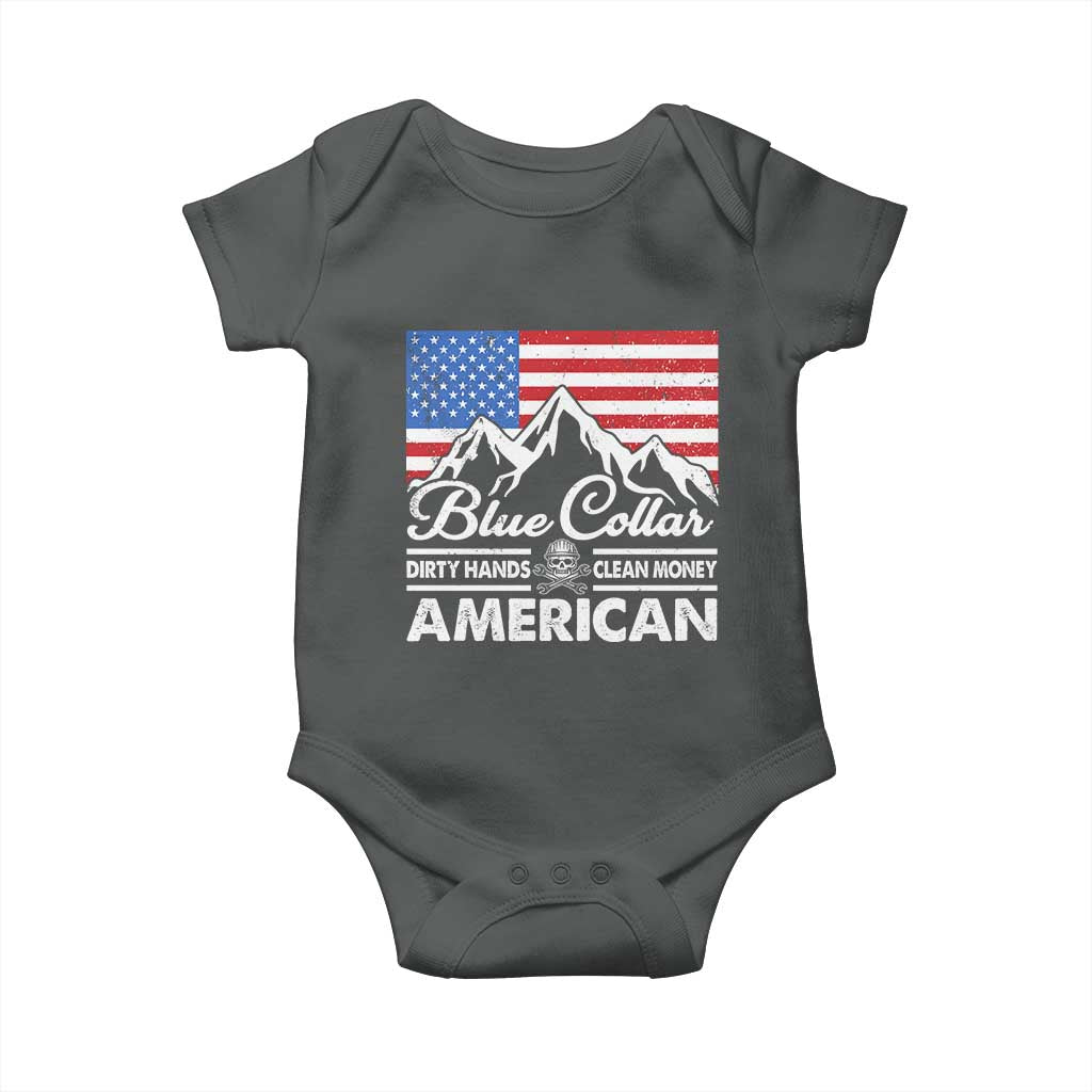 Blue Collar American Baby Onesie Dirty Hands Clean Money Vintage American Flag Mountain - Wonder Print Shop