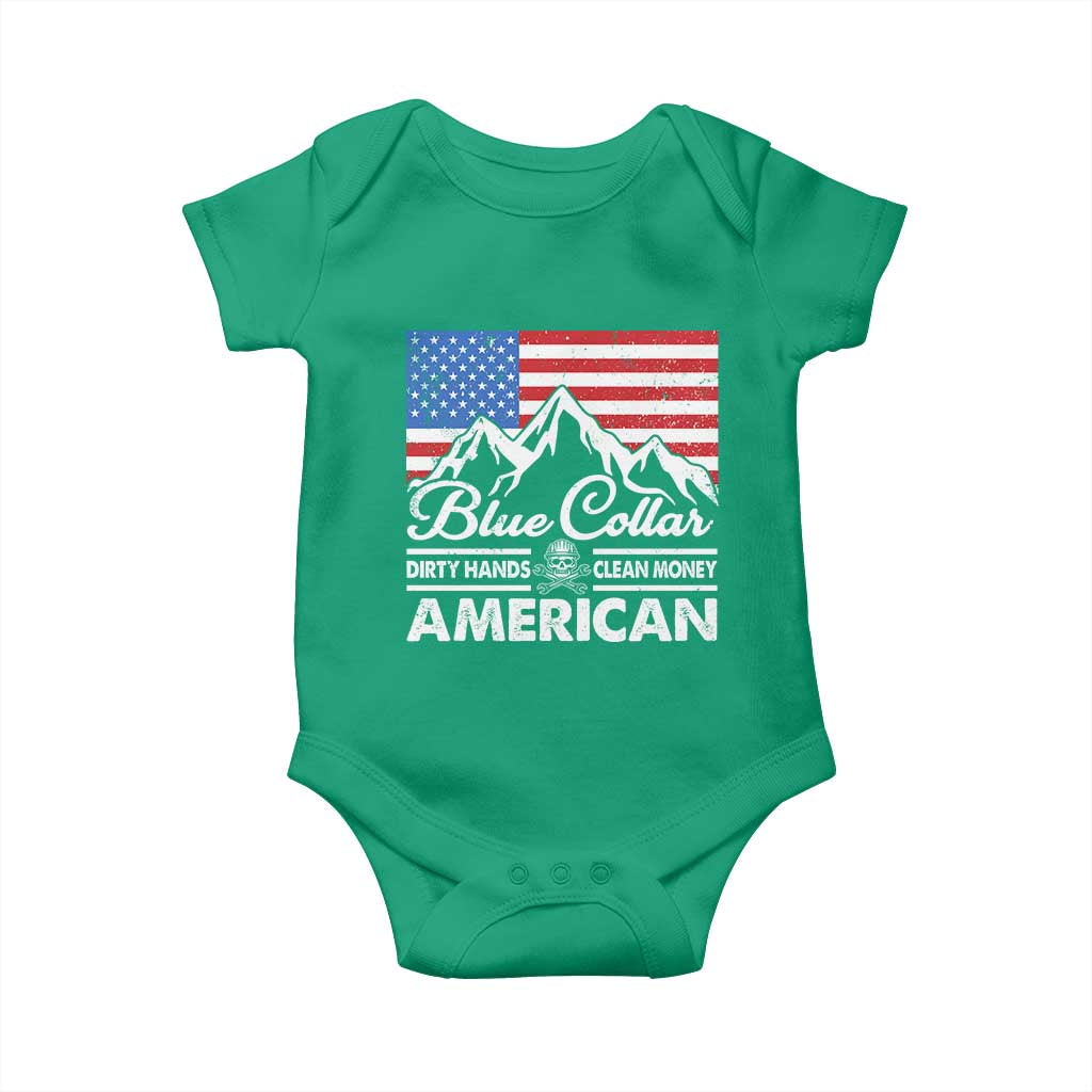 Blue Collar American Baby Onesie Dirty Hands Clean Money Vintage American Flag Mountain - Wonder Print Shop
