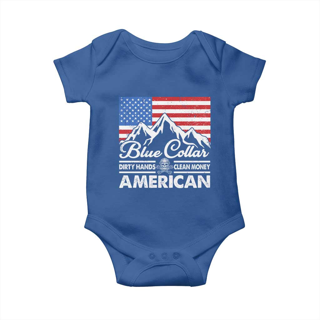 Blue Collar American Baby Onesie Dirty Hands Clean Money Vintage American Flag Mountain - Wonder Print Shop