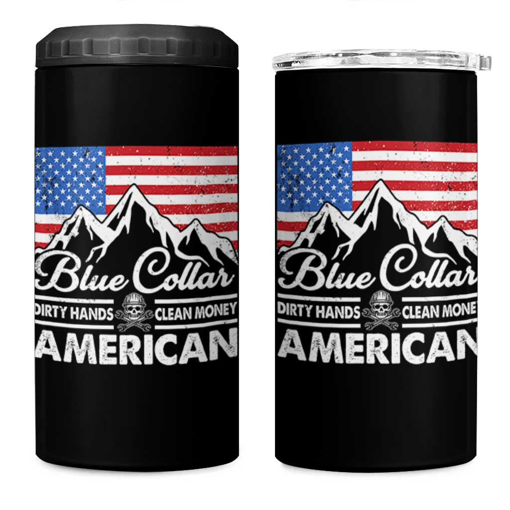 Blue Collar American 4 in 1 Can Cooler Tumbler Dirty Hands Clean Money Vintage American Flag Mountain - Wonder Print Shop