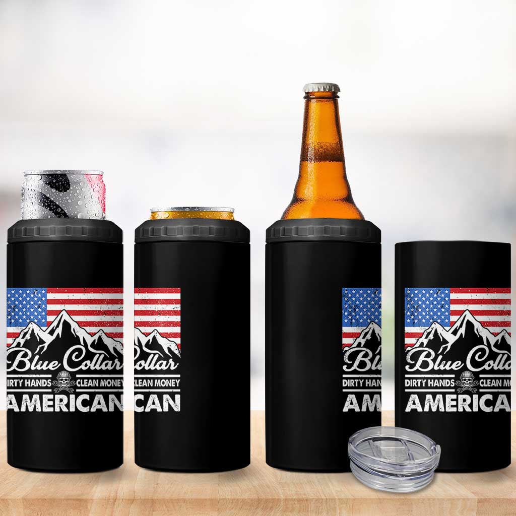 Blue Collar American 4 in 1 Can Cooler Tumbler Dirty Hands Clean Money Vintage American Flag Mountain - Wonder Print Shop