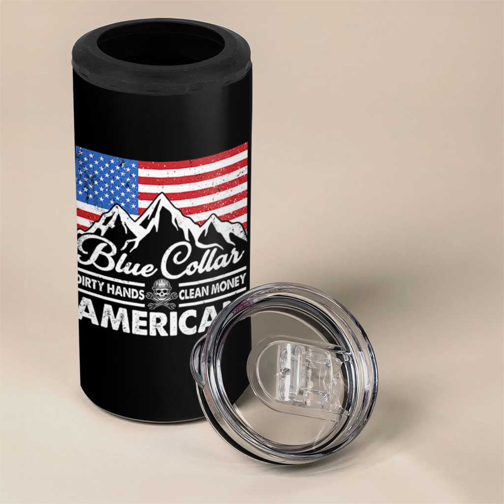 Blue Collar American 4 in 1 Can Cooler Tumbler Dirty Hands Clean Money Vintage American Flag Mountain - Wonder Print Shop