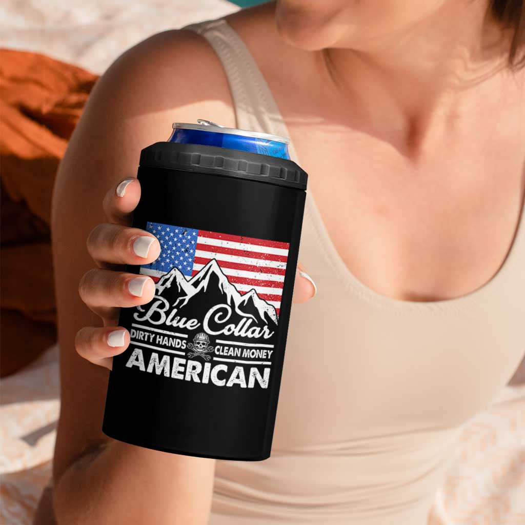 Blue Collar American 4 in 1 Can Cooler Tumbler Dirty Hands Clean Money Vintage American Flag Mountain - Wonder Print Shop