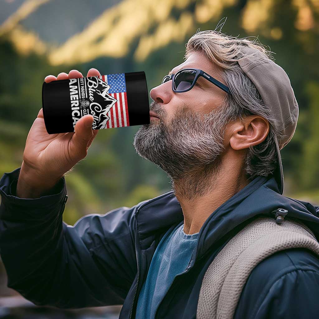 Blue Collar American 4 in 1 Can Cooler Tumbler Dirty Hands Clean Money Vintage American Flag Mountain - Wonder Print Shop