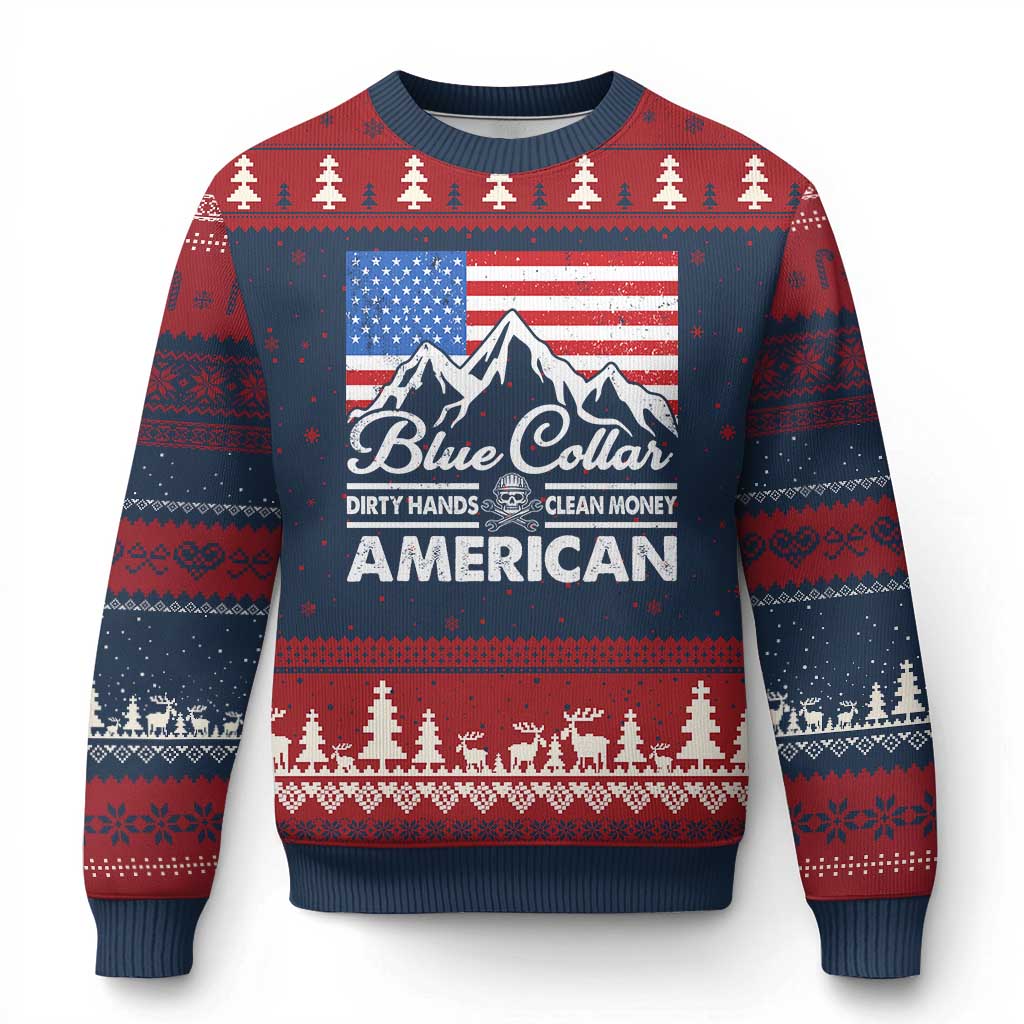 Blue Collar American Ugly Christmas Sweater Dirty Hands Clean Money Vintage American Flag Mountain - Wonder Print Shop