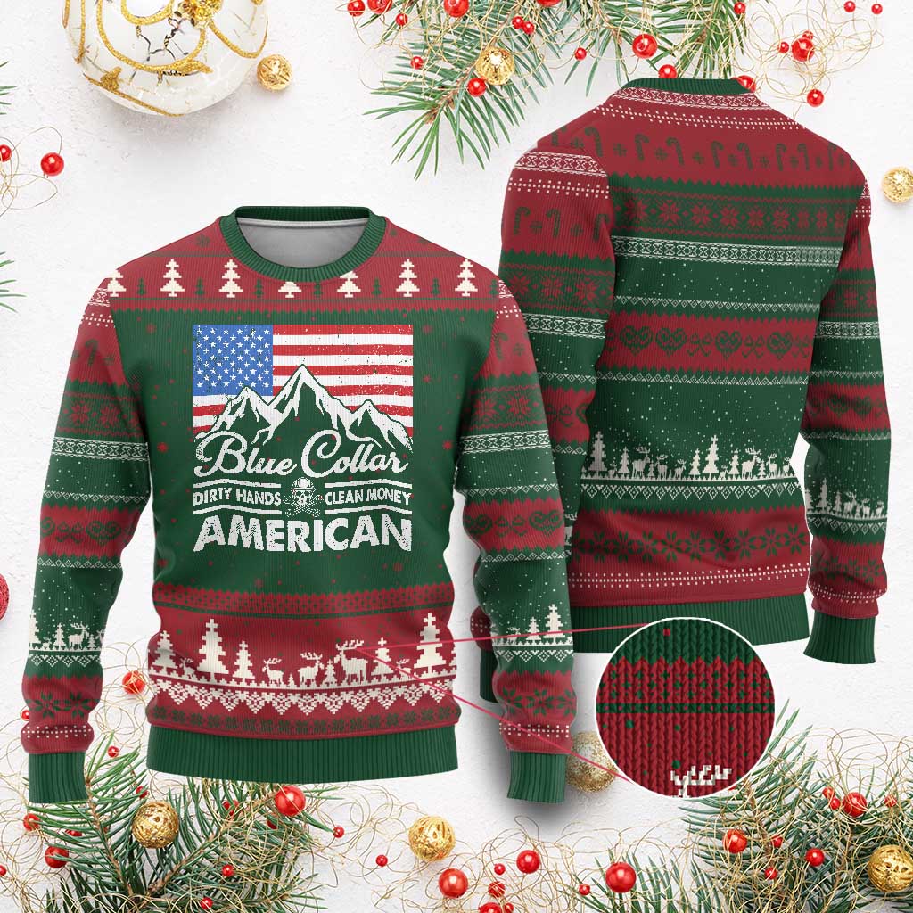 Blue Collar American Ugly Christmas Sweater Dirty Hands Clean Money Vintage American Flag Mountain - Wonder Print Shop