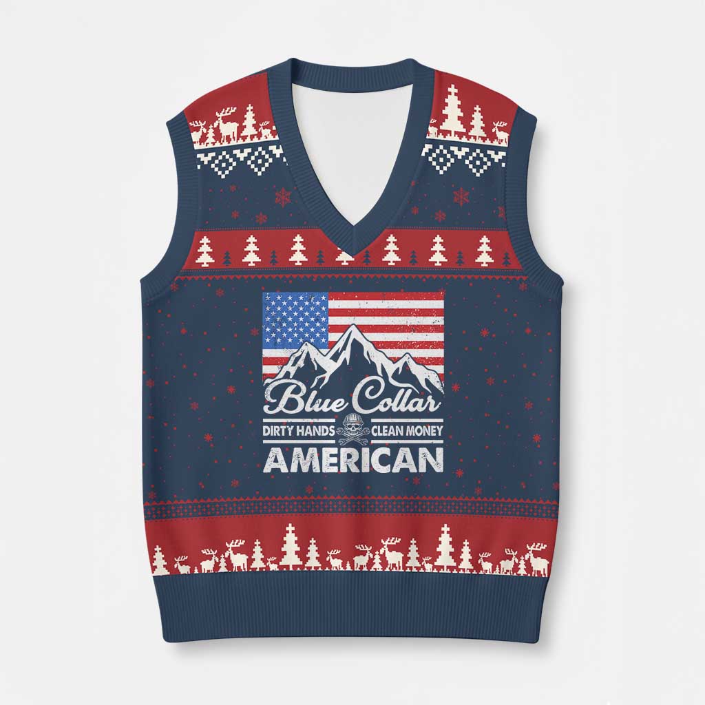 Blue Collar American V-Neck Knit Sweater Vest Dirty Hands Clean Money Vintage American Flag Mountain - Wonder Print Shop