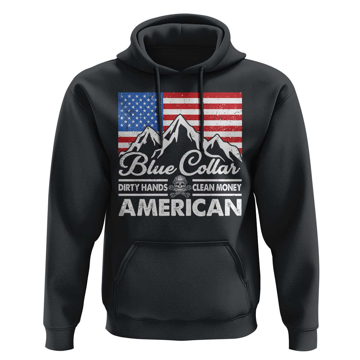 Blue Collar American Hoodie Dirty Hands Clean Money Vintage American Flag Mountain - Wonder Print Shop