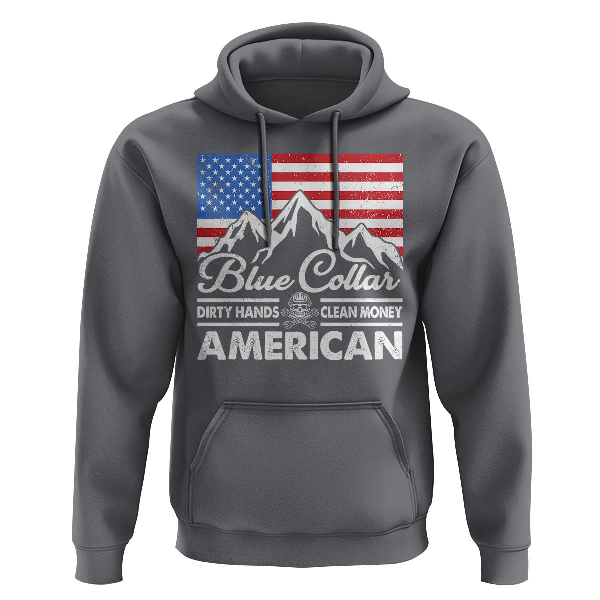 Blue Collar American Hoodie Dirty Hands Clean Money Vintage American Flag Mountain - Wonder Print Shop