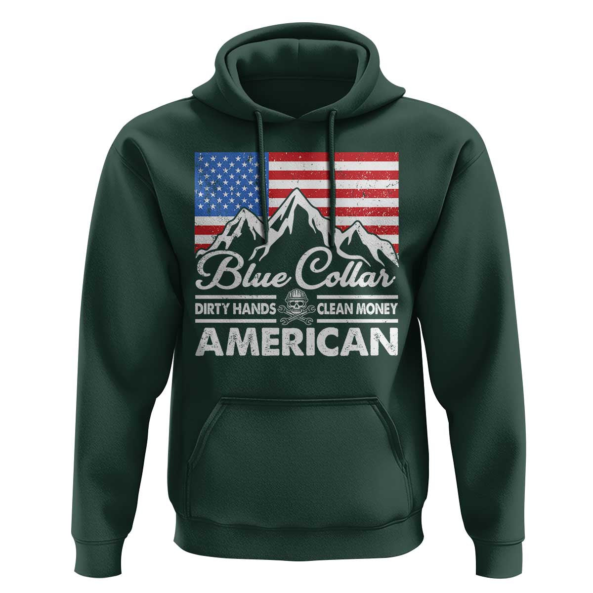 Blue Collar American Hoodie Dirty Hands Clean Money Vintage American Flag Mountain - Wonder Print Shop