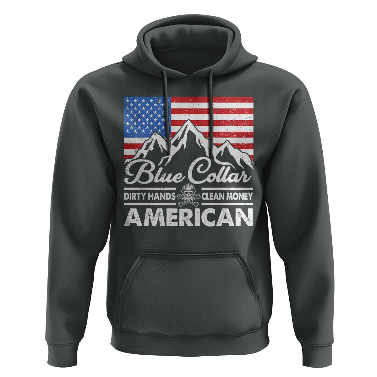 Blue Collar American Hoodie Dirty Hands Clean Money Vintage American Flag Mountain - Wonder Print Shop