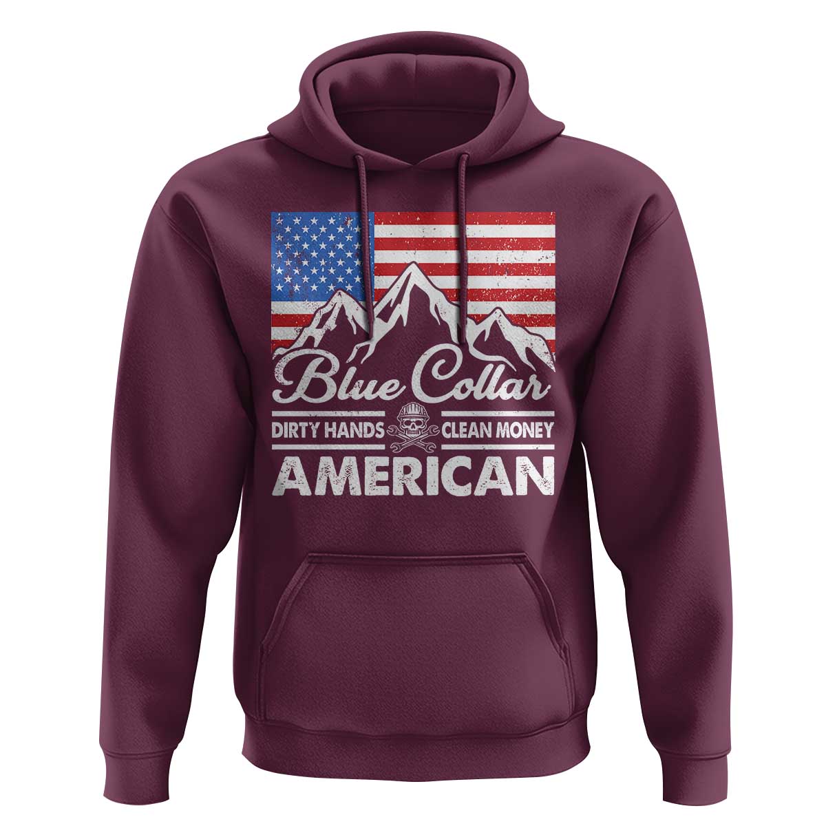Blue Collar American Hoodie Dirty Hands Clean Money Vintage American Flag Mountain - Wonder Print Shop