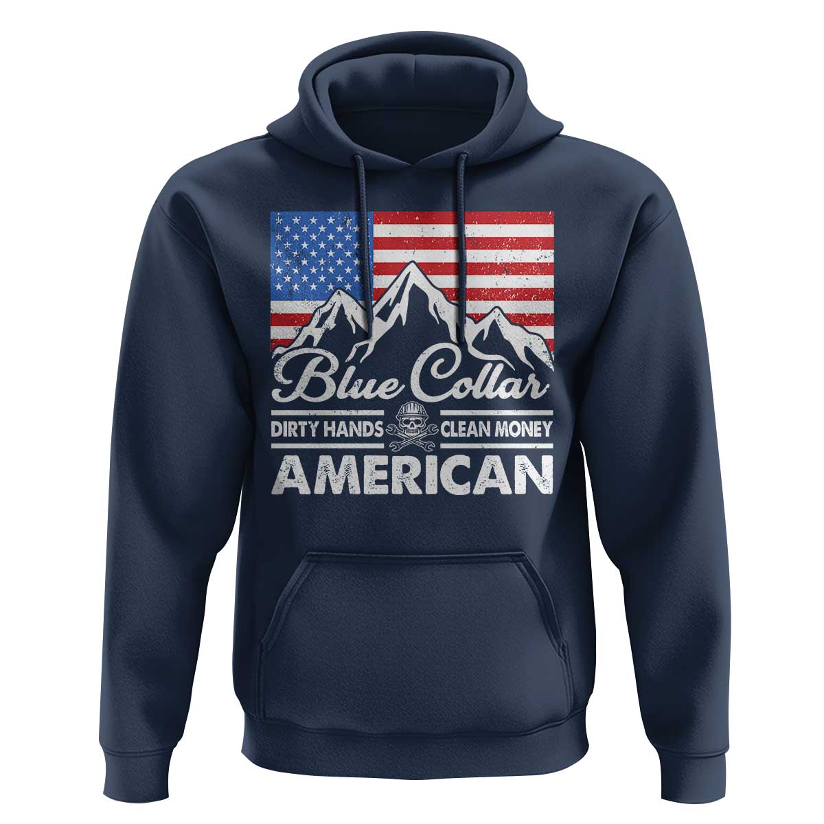 Blue Collar American Hoodie Dirty Hands Clean Money Vintage American Flag Mountain - Wonder Print Shop