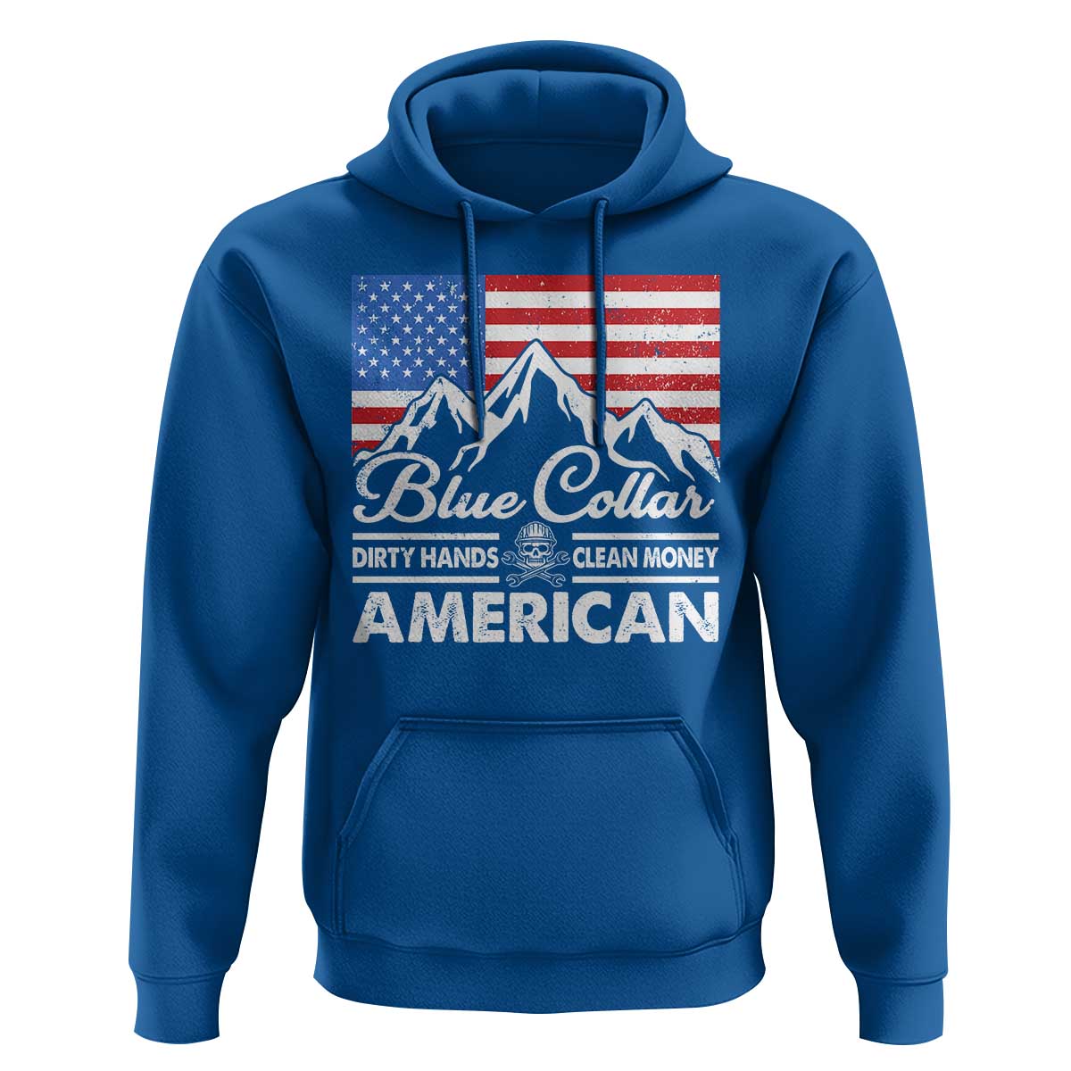 Blue Collar American Hoodie Dirty Hands Clean Money Vintage American Flag Mountain - Wonder Print Shop
