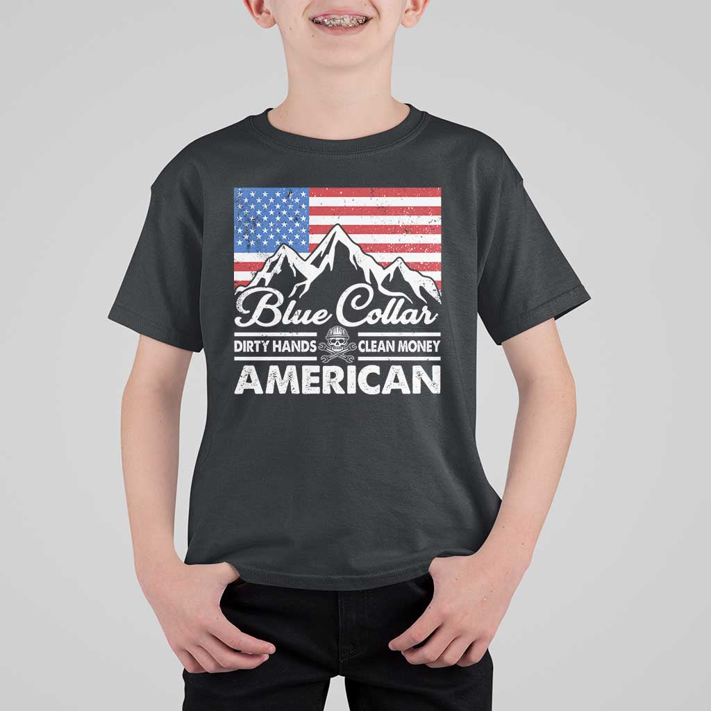Blue Collar American T Shirt For Kid Dirty Hands Clean Money Vintage American Flag Mountain - Wonder Print Shop