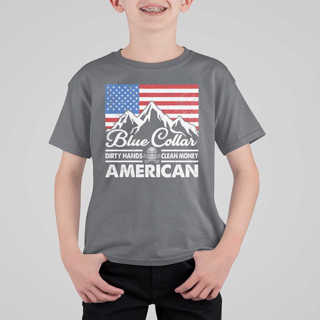 Blue Collar American T Shirt For Kid Dirty Hands Clean Money Vintage American Flag Mountain - Wonder Print Shop