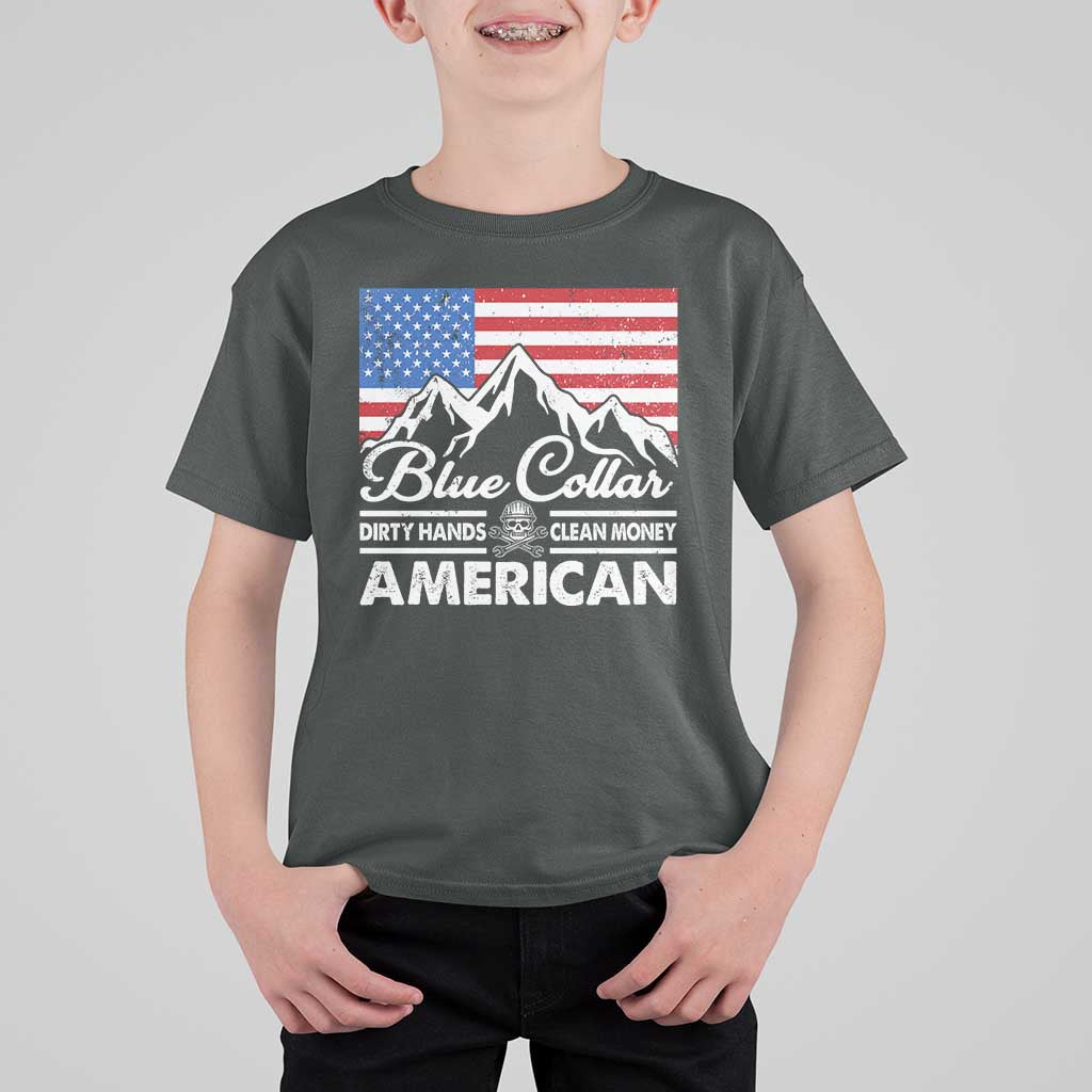 Blue Collar American T Shirt For Kid Dirty Hands Clean Money Vintage American Flag Mountain - Wonder Print Shop