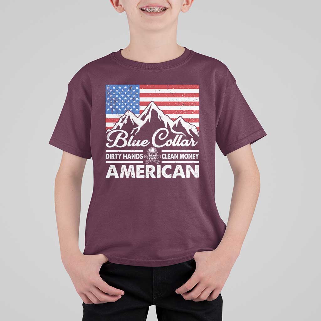 Blue Collar American T Shirt For Kid Dirty Hands Clean Money Vintage American Flag Mountain - Wonder Print Shop